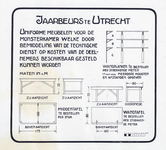 99773 Technische tekening van de uitstaltafels en -planken in een monsterkamer op de eerste Jaarbeurs te Utrecht.